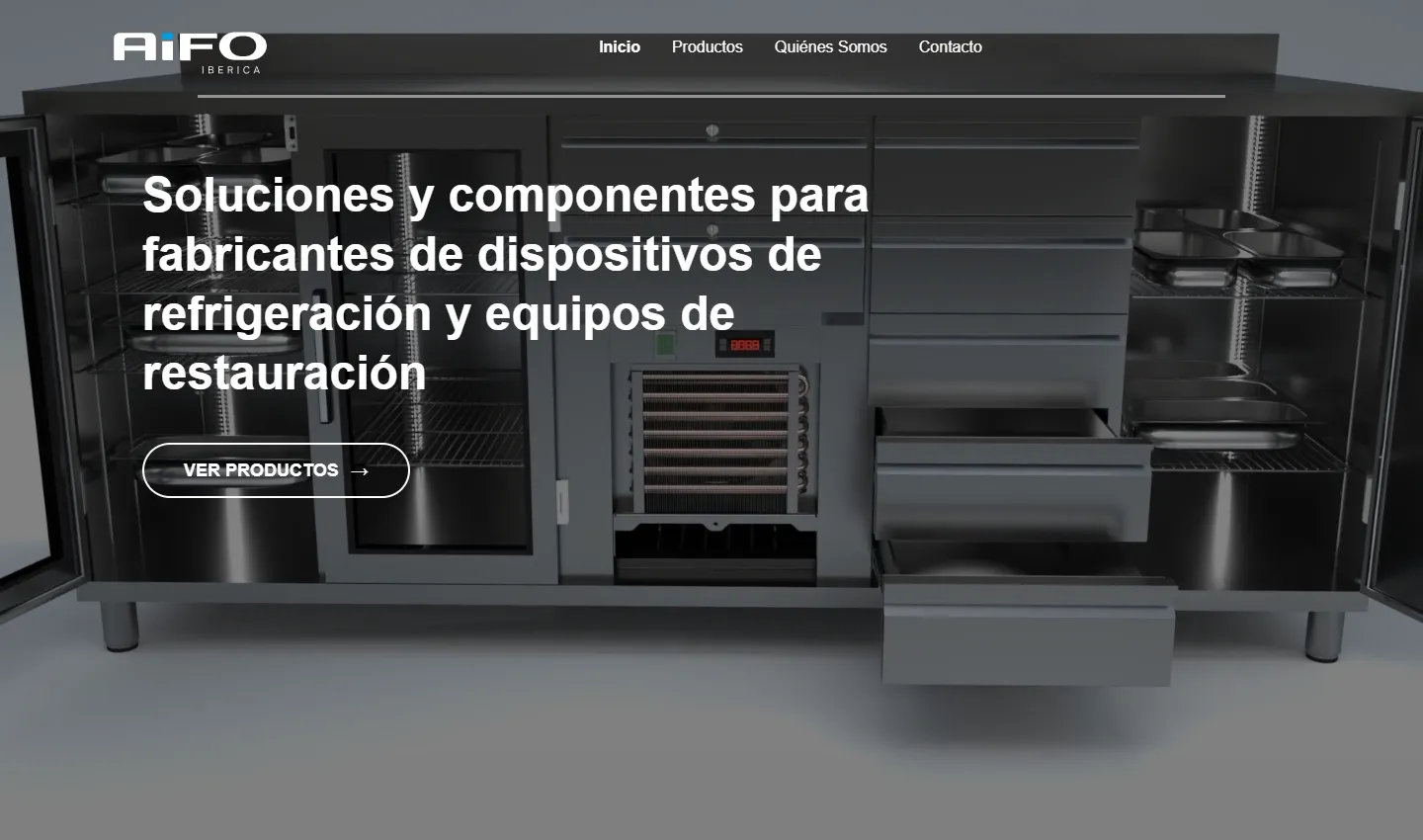 Portada de aifoiberica.es: un mostrador refrigerado de acero inoxidable de fondo, con el titular «Soluciones y componentes para fabricantes de dispositivos de refrigeración y equipos de restauración» y el botón Ver productos.